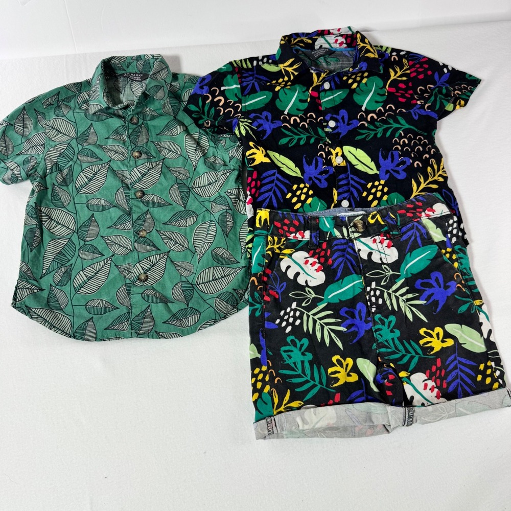 Primark Boys Tropical Leaf Shirt & Shorts Set Size 2-3Y Green Black Summer 3pc